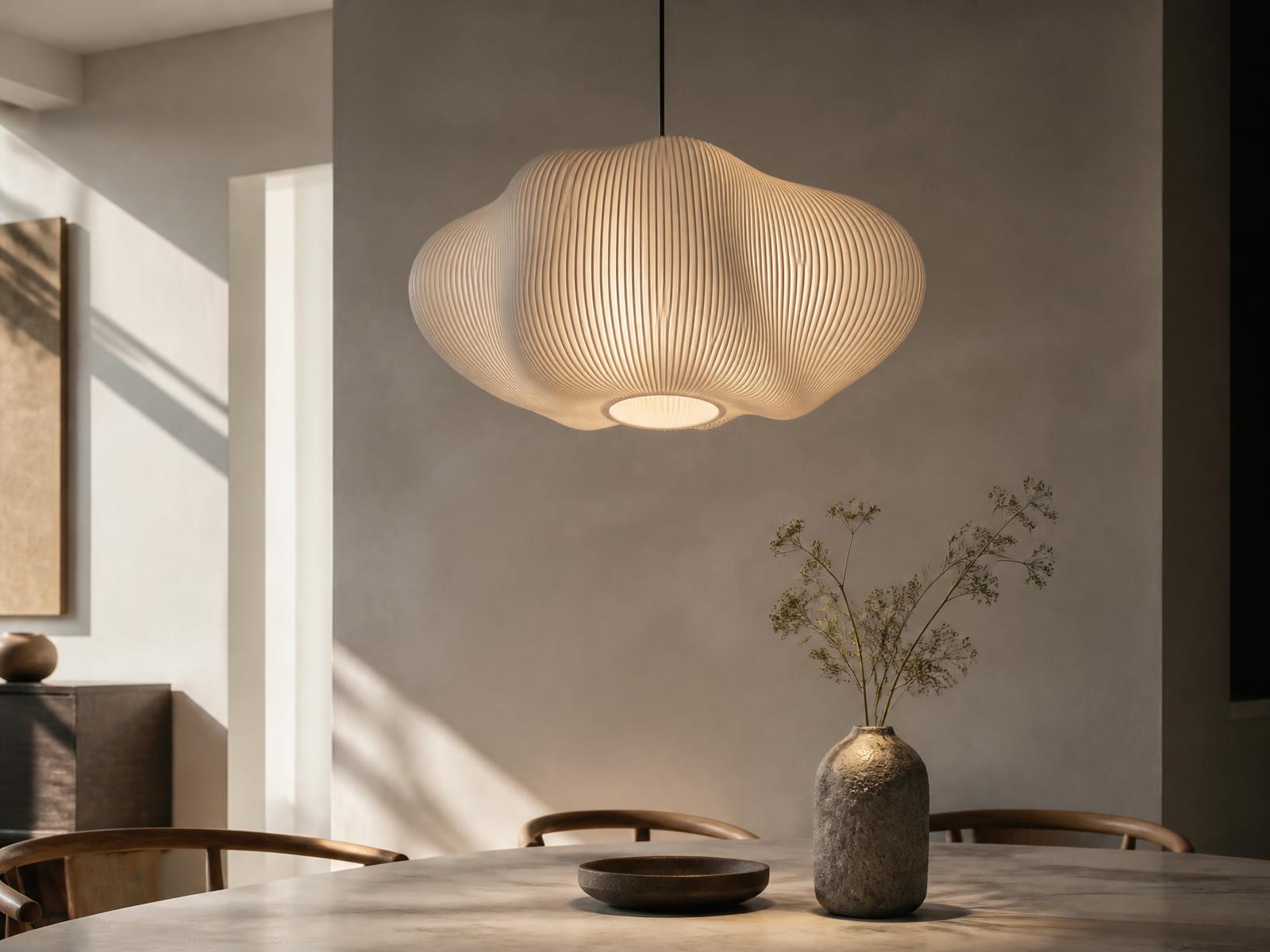 Sculptural 3D-printed pendant lamp glowing in a minimal Scandinavian interior